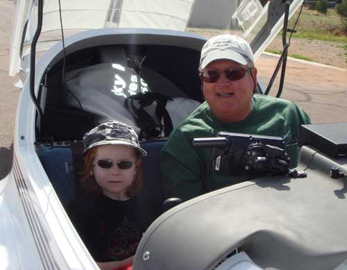 6 year old Fabian and Russ in the motor glider cockpit