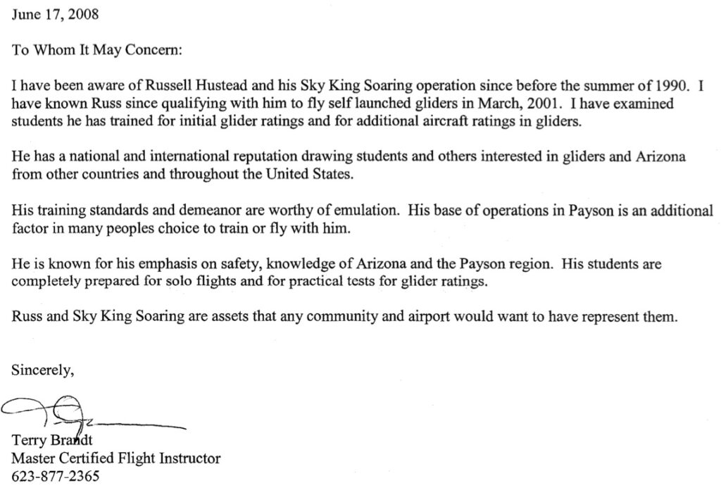 reference letter from Terry Brandt, Master Certified Flight Instructor
